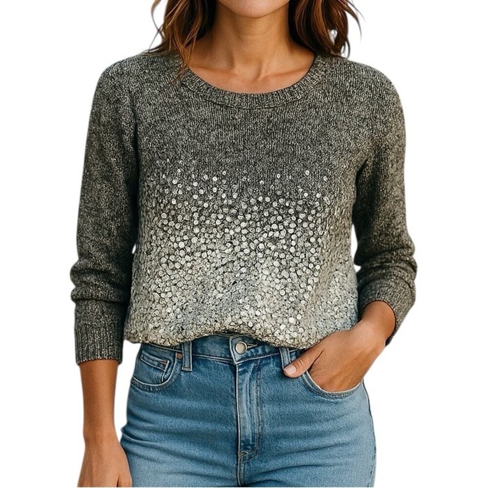 Eileen Fisher Cropped Sequin Sweater Gray White Marbled Small